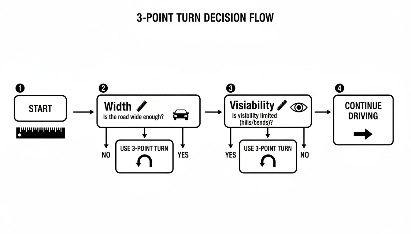 Flowchart detailing the decision process for performing a 3-point turn, based on road width and visibility.
