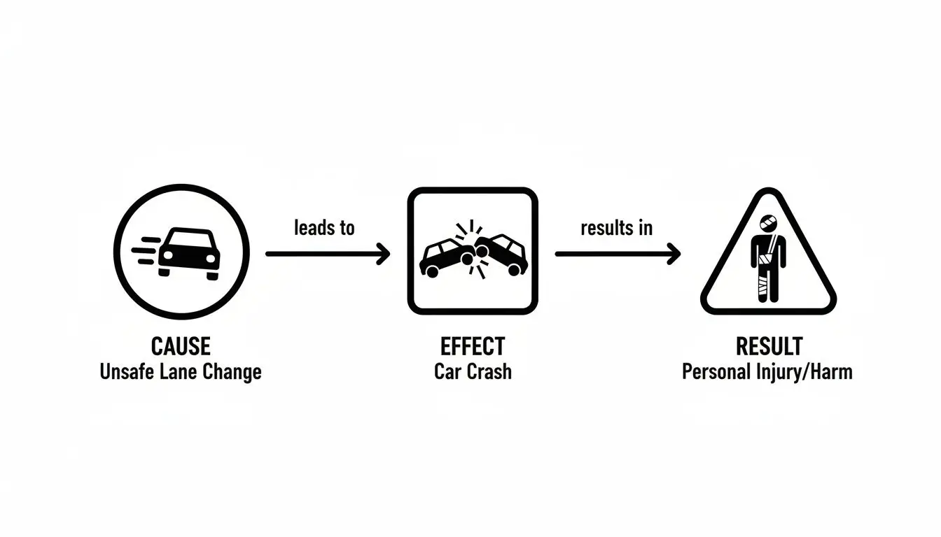 Diagram illustrating the cause (unsafe lane change), effect (car crash), and result (personal injury).