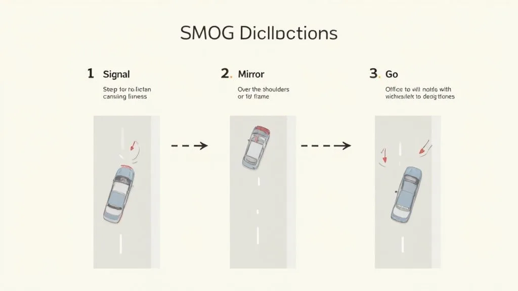 Infographic demonstrating the SMOG method for safe lane changes: Signal, Mirror, Go.