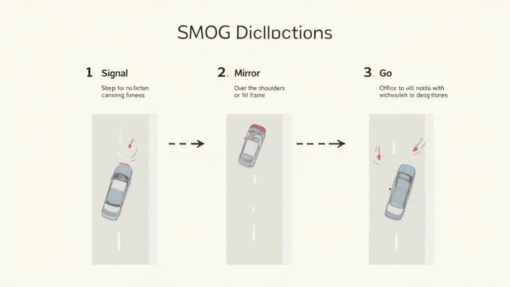 Infographic demonstrating the SMOG method for safe lane changes: Signal, Mirror, Go.