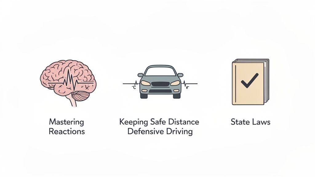 Icons illustrating safe and defensive driving principles: mastering reactions, safe distance, and state laws.