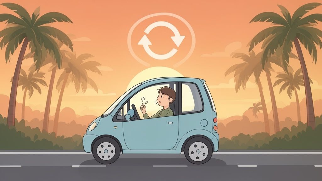 A person in a light blue car on a road at sunset, looking stressed, with a refresh icon overhead.