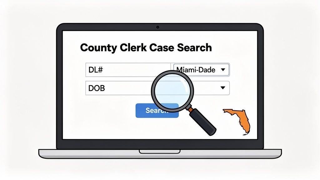 Laptop displaying a Florida County Clerk Case Search form with fields for DL#, DOB, and Miami-Dade county.