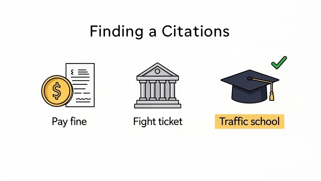 An illustration showing three options for dealing with a citation: pay fine, fight ticket, or go to traffic school.