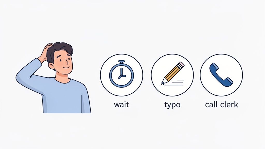 A thoughtful cartoon man looks at three icons representing options: wait, typo, and call clerk.
