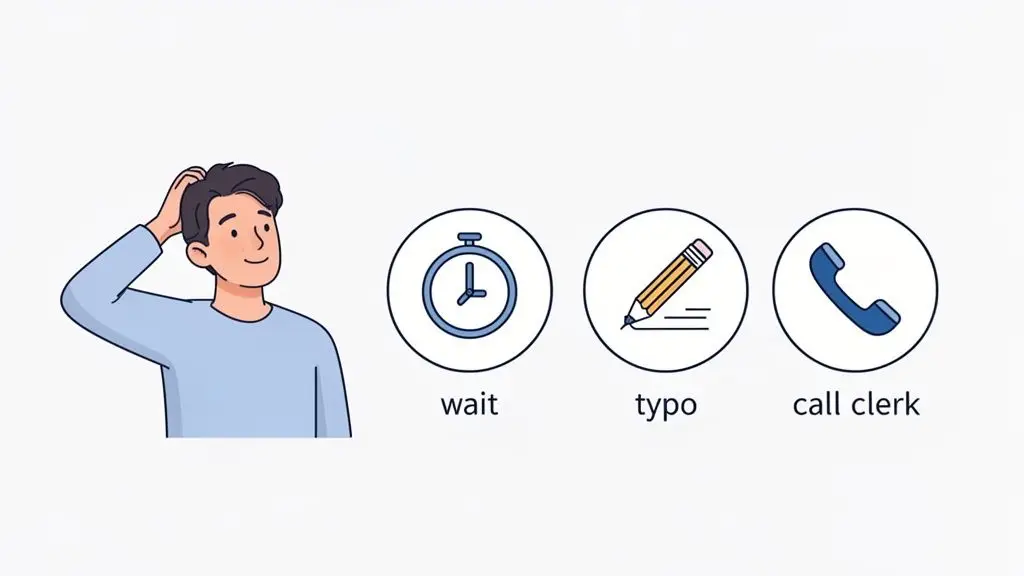 A thoughtful cartoon man looks at three icons representing options: wait, typo, and call clerk.