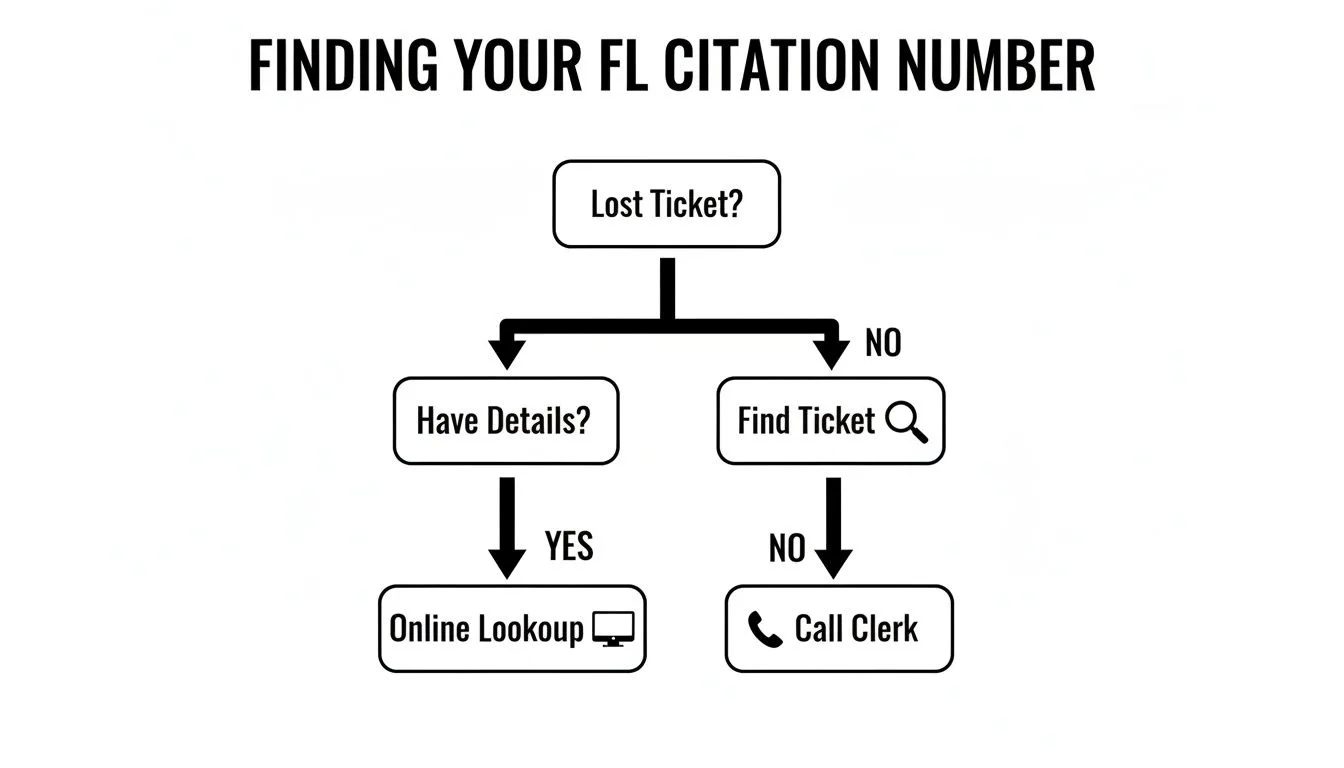 Flowchart detailing steps to find your Florida (FL) citation number if the ticket is lost.
