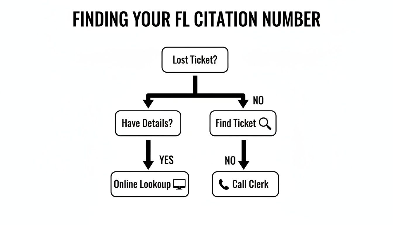 Flowchart detailing steps to find your Florida (FL) citation number if the ticket is lost.