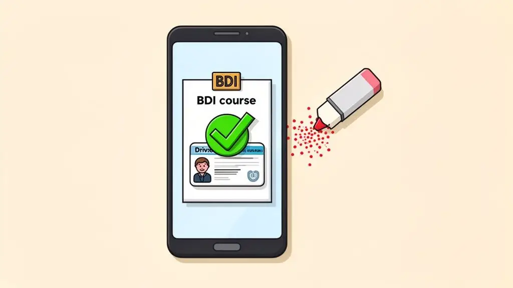 Smartphone displaying BDI course completion, a driver's license, and an eraser removing red points.