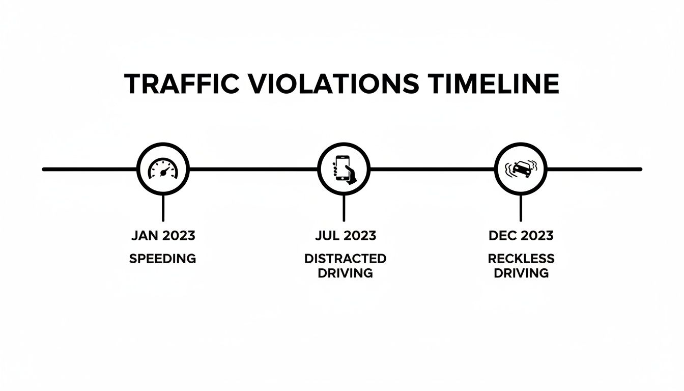 A timeline illustrating three traffic violations in 2023: speeding, distracted driving, and reckless driving.