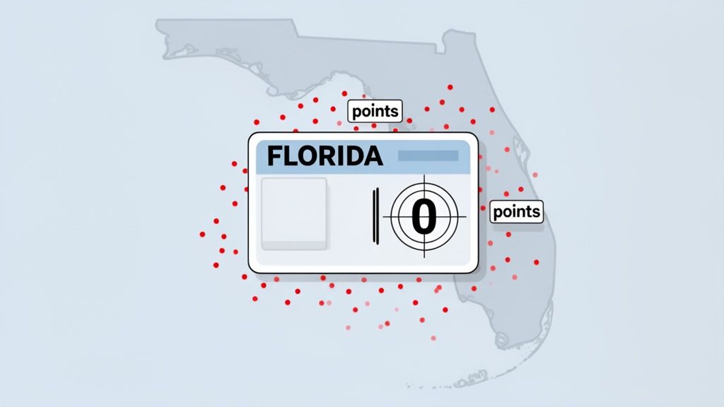 An illustration of a Florida map with a driver's license showing zero points and red dots.