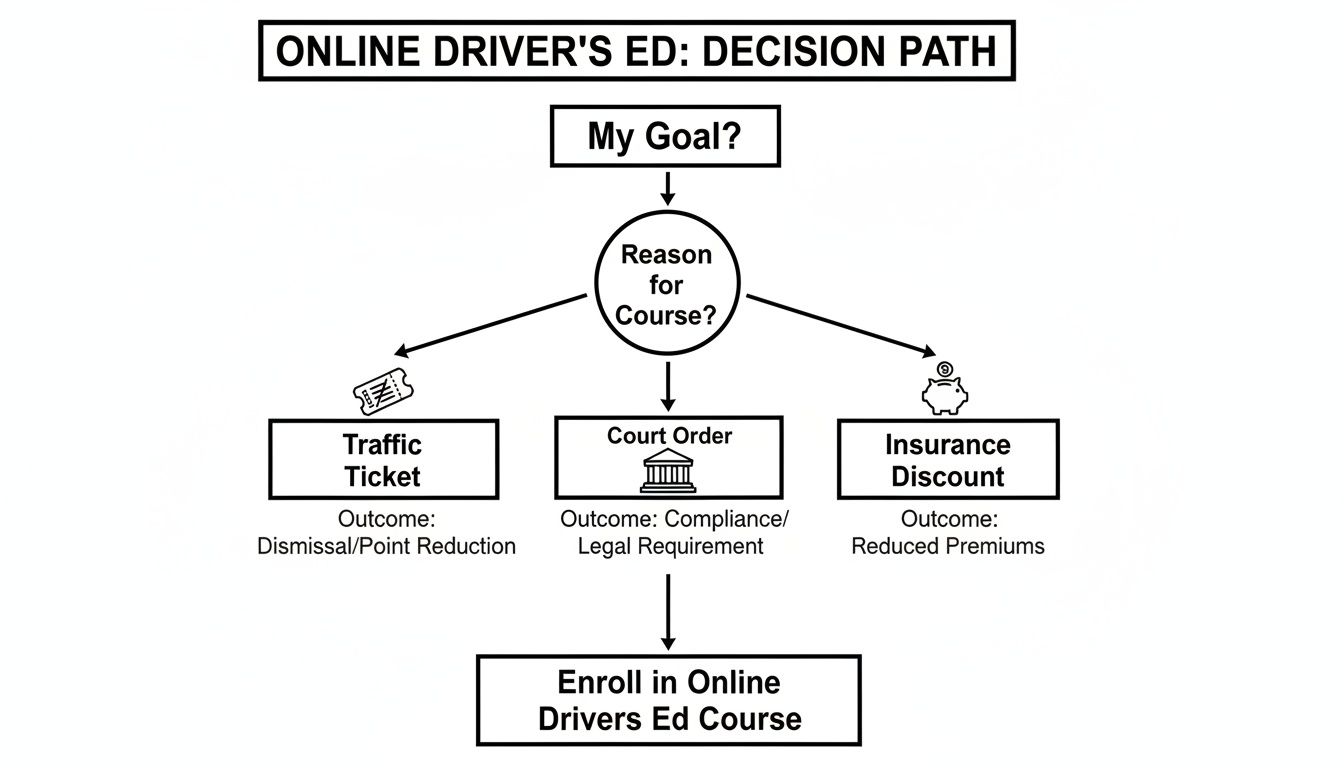 Flowchart showing the decision path for enrolling in an online driver's education course.