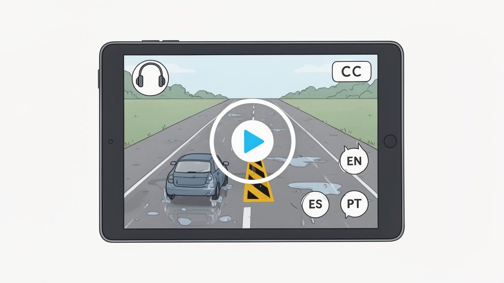 A tablet displays an animated driving lesson video with a car, puddles, play button, and language options.