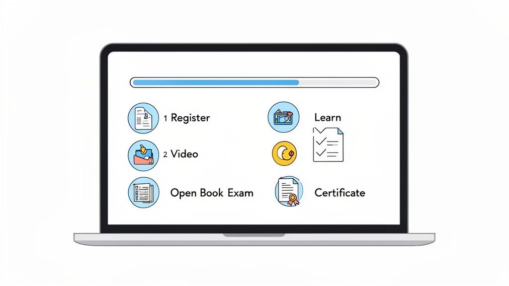 A laptop screen displays steps for an online course: Register, Video, Open Book Exam, Learn, Certificate.