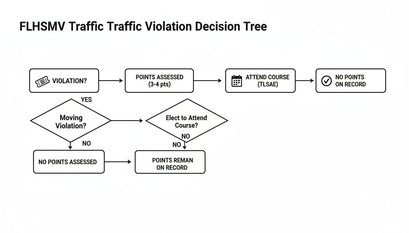 A decision tree flowchart illustrating the FLHSMV traffic violation process, points assessment, and course attendance.