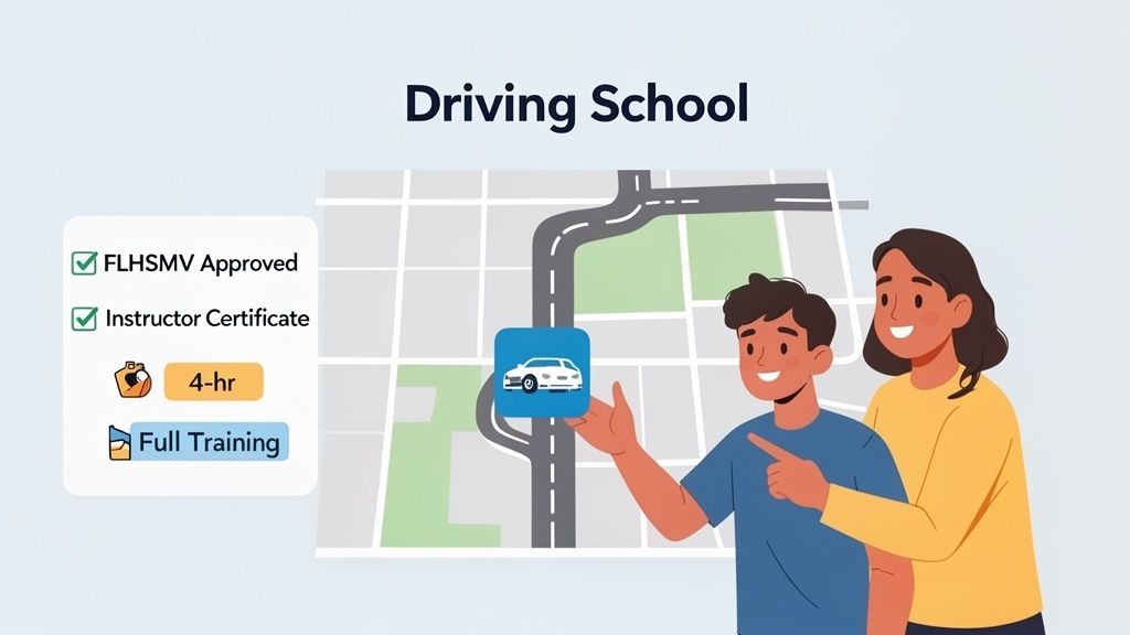 Illustration of a driving school with an instructor, student, map, and approved training options.