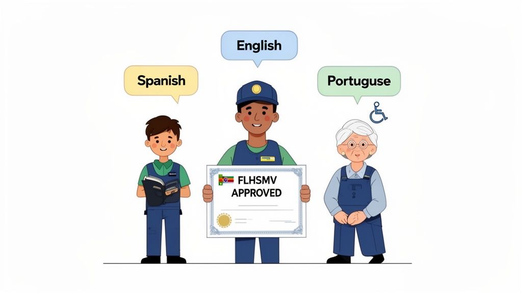 Three diverse people with speech bubbles indicating Spanish, English, and Portuguese, holding an FLHSMV approved certificate.
