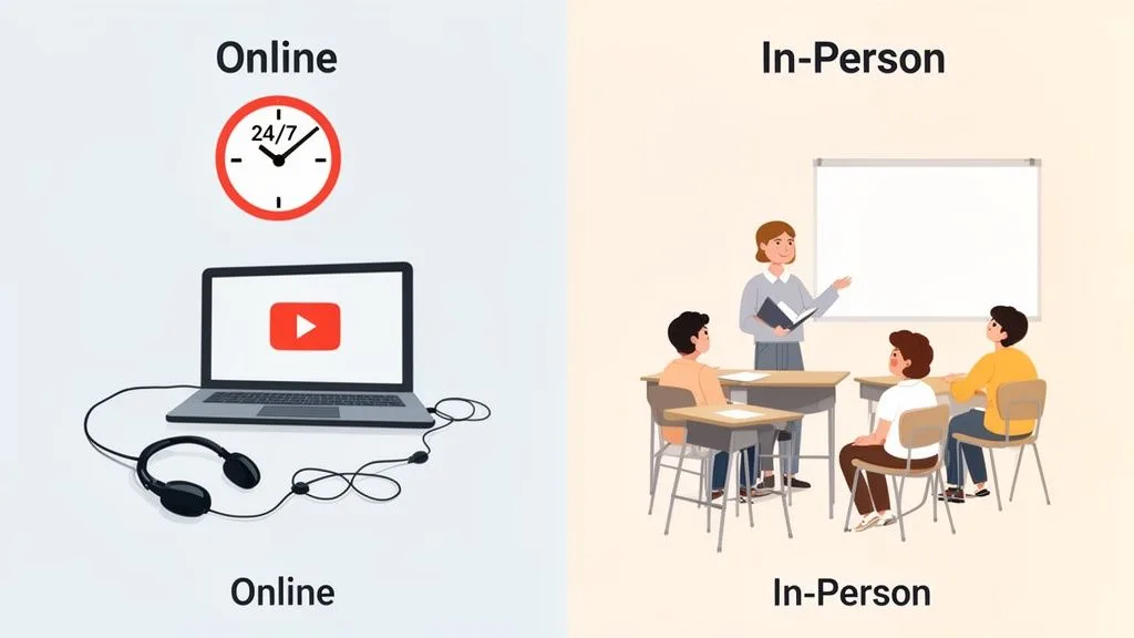 Comparison of online education showing a laptop and 24/7 clock versus in-person classroom learning.