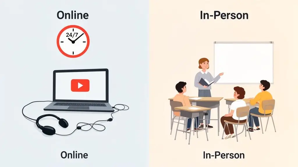Comparison of online education showing a laptop and 24/7 clock versus in-person classroom learning.