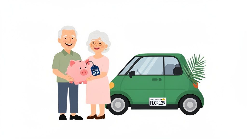 An elderly couple holding a piggy bank and a '10% OFF' tag next to a small green car with a Florida license plate.
