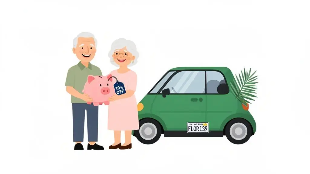 An elderly couple holding a piggy bank and a '10% OFF' tag next to a small green car with a Florida license plate.