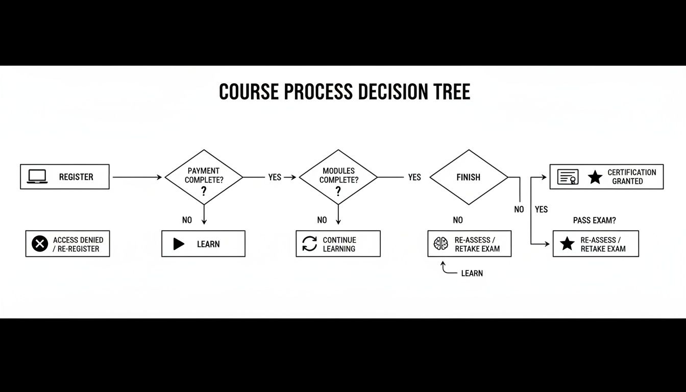 Flowchart illustrating a course process decision tree with steps from registration to certification.