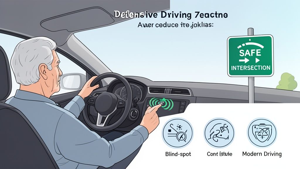 An older man drives, engaging with a car's display, promoting defensive driving and safety features.