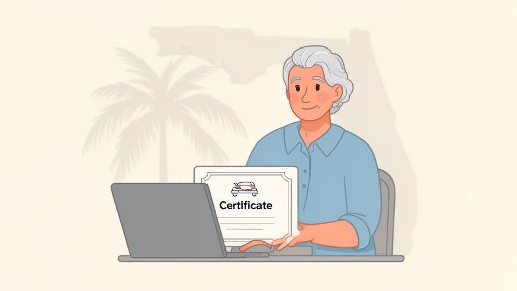 A senior woman proudly displays a car certificate received online, with Florida's outline in the background.