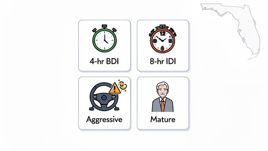 Four icons depict driving course durations (4-hr BDI, 8-hr IDI) and driver types (Aggressive, Mature) with a Florida map.