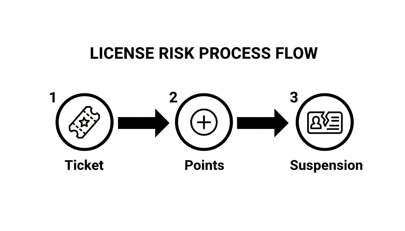 Flowchart illustrating the license risk process, from a traffic ticket to accumulation of points and eventual license suspension.