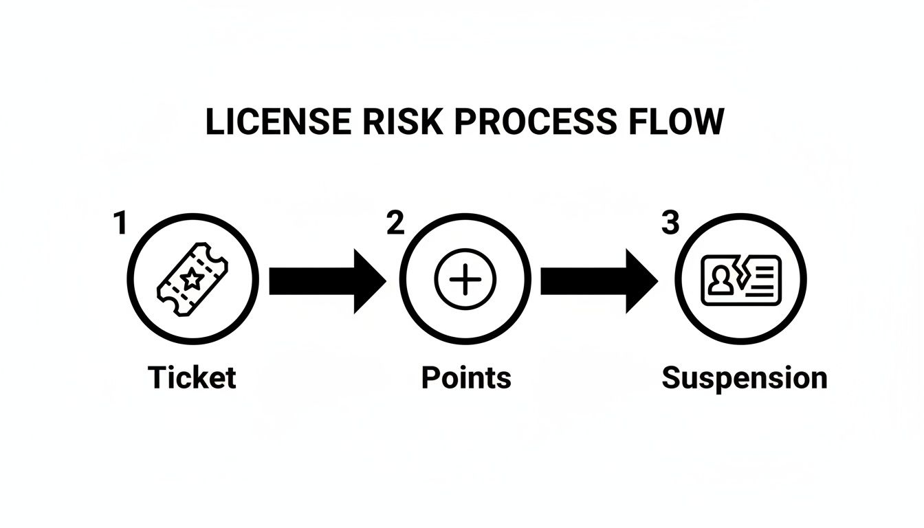 Flowchart illustrating the license risk process, from a traffic ticket to accumulation of points and eventual license suspension.