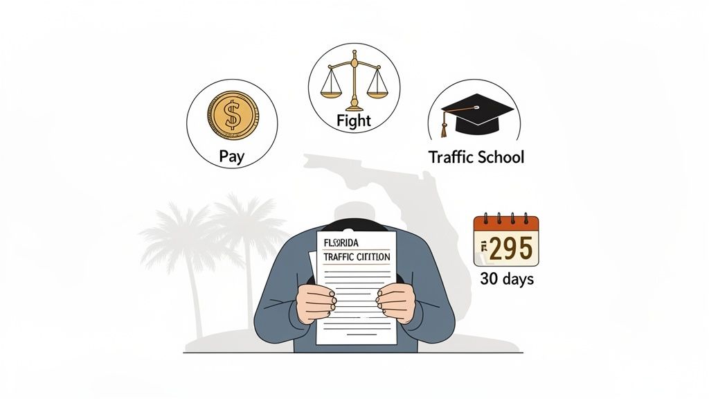 Options for a Florida traffic citation: pay the fine, fight the ticket, or attend traffic school.