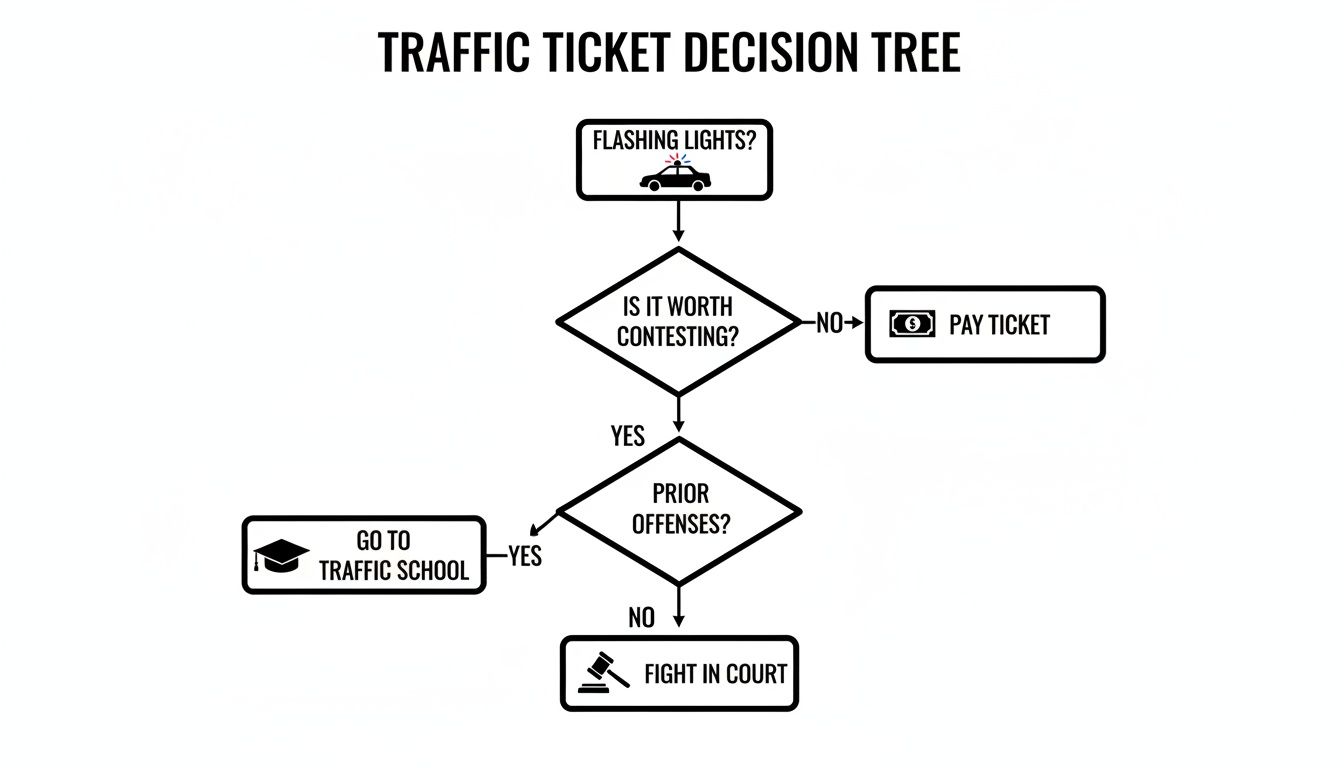 A traffic ticket decision tree flowchart illustrating steps to take when pulled over and issued a ticket.
