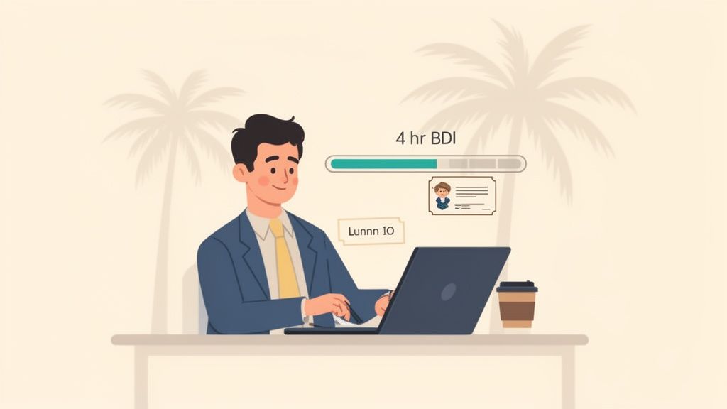 An animated man works on a laptop at a desk, surrounded by tropical palm tree shadows.