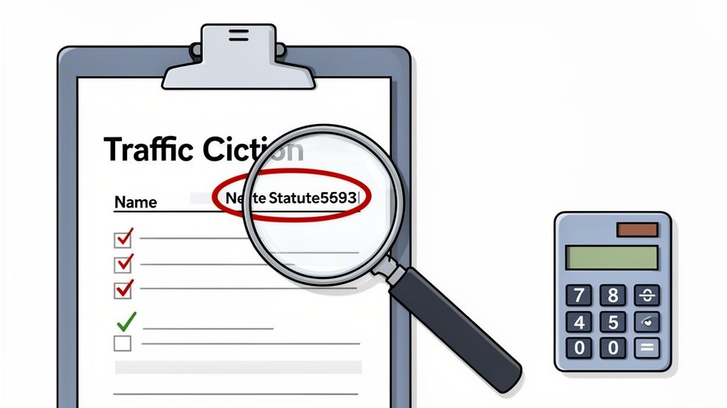 A magnifying glass highlights a specific statute number on a 'Traffic Citation' form, next to a calculator.