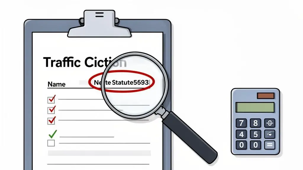 A magnifying glass highlights a specific statute number on a 'Traffic Citation' form, next to a calculator.