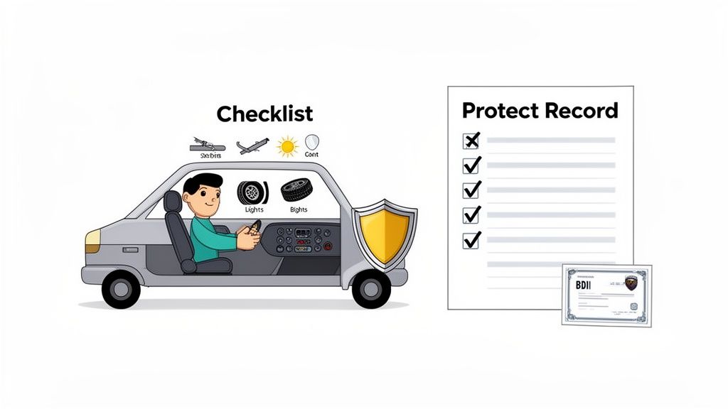 Cartoon illustration of a driver in a car with a safety checklist and a 'Protect Record' document.