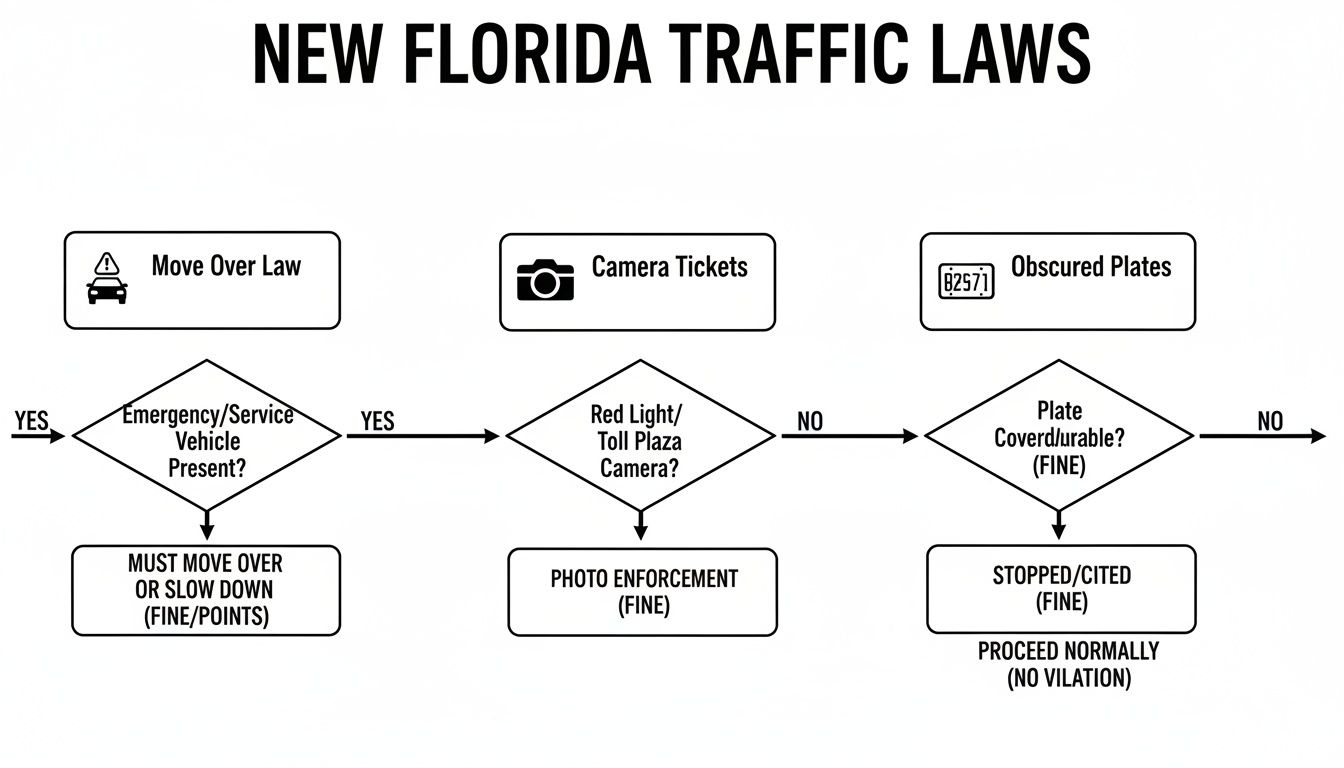 A flowchart outlining new Florida traffic laws, covering Move Over, camera tickets, and obscured plates.