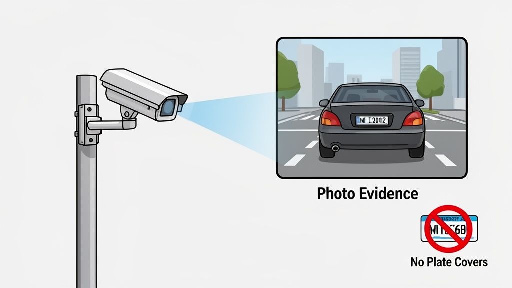 A security camera monitors a road, capturing a car's license plate for photo evidence, with a warning against plate covers.