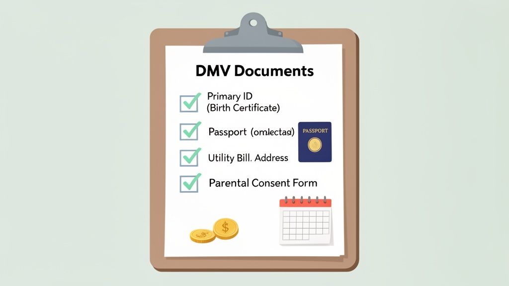 A checklist on a clipboard displays DMV documents required: Primary ID, Passport, Utility Bill, Parental Consent Form, along with money and a calendar icon.