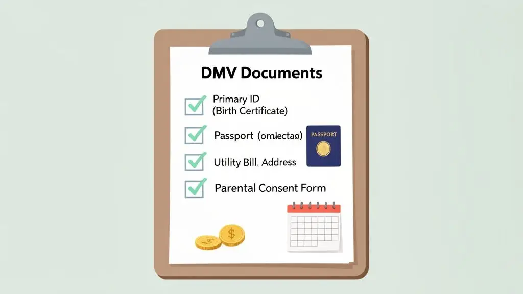 A checklist on a clipboard displays DMV documents required: Primary ID, Passport, Utility Bill, Parental Consent Form, along with money and a calendar icon.