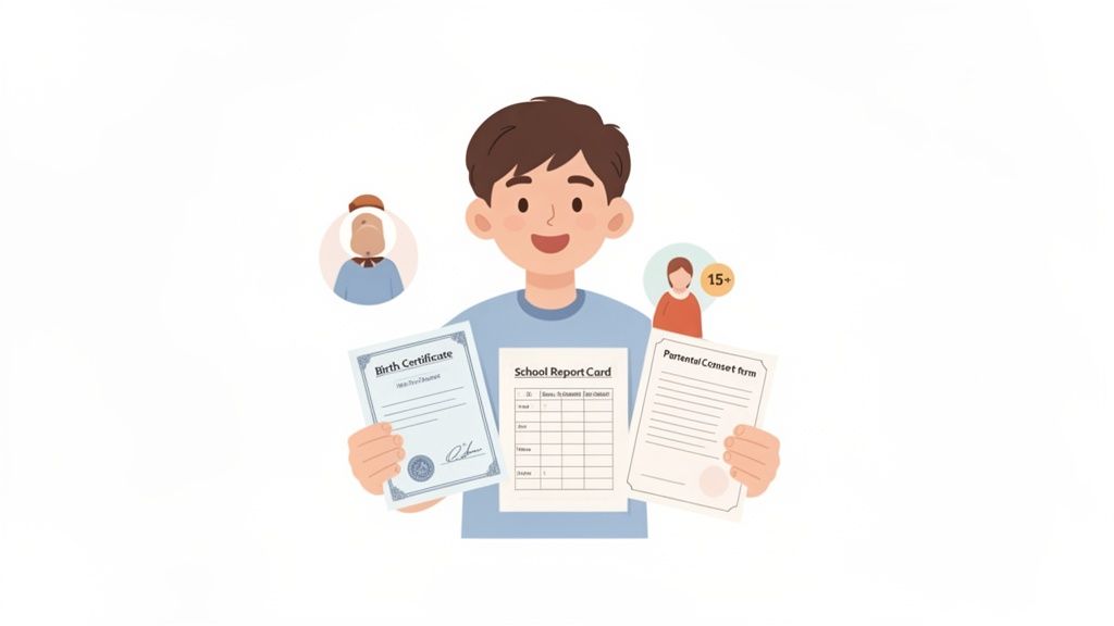 A smiling boy presents a birth certificate, school report card, and parental consent form.
