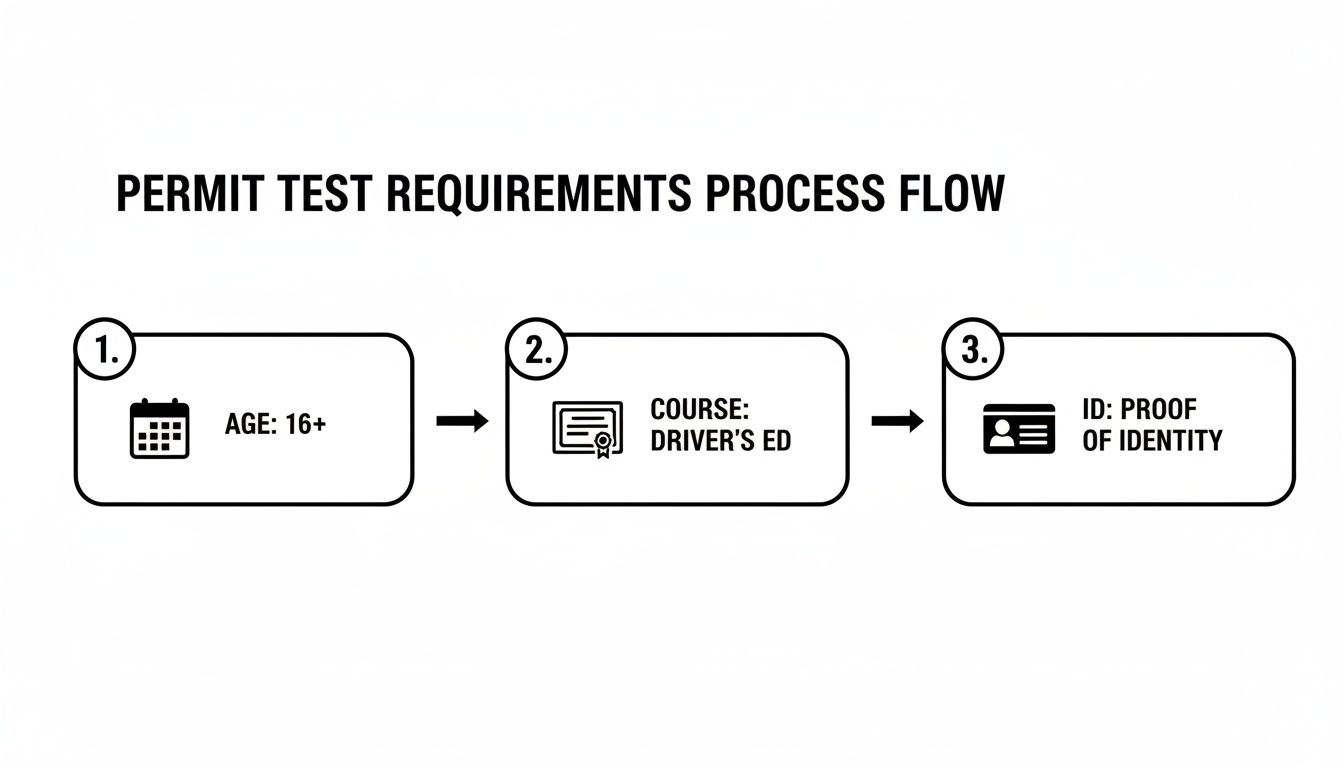 Flowchart illustrating the three steps for permit test requirements: age 16+, driver's education, and proof of identity.