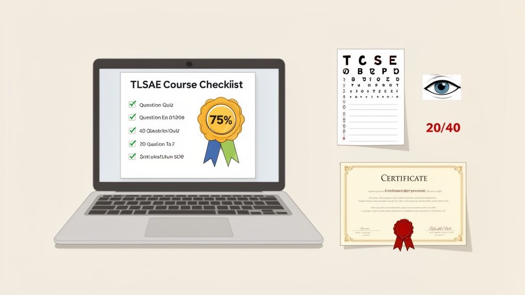 A laptop displays a course checklist and a 75% score, with a vision chart and certificate.