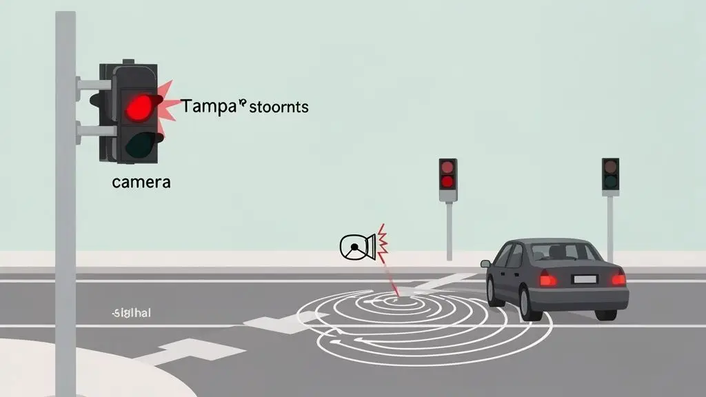 An autonomous car using radar to stop at a red light intersection with a camera.