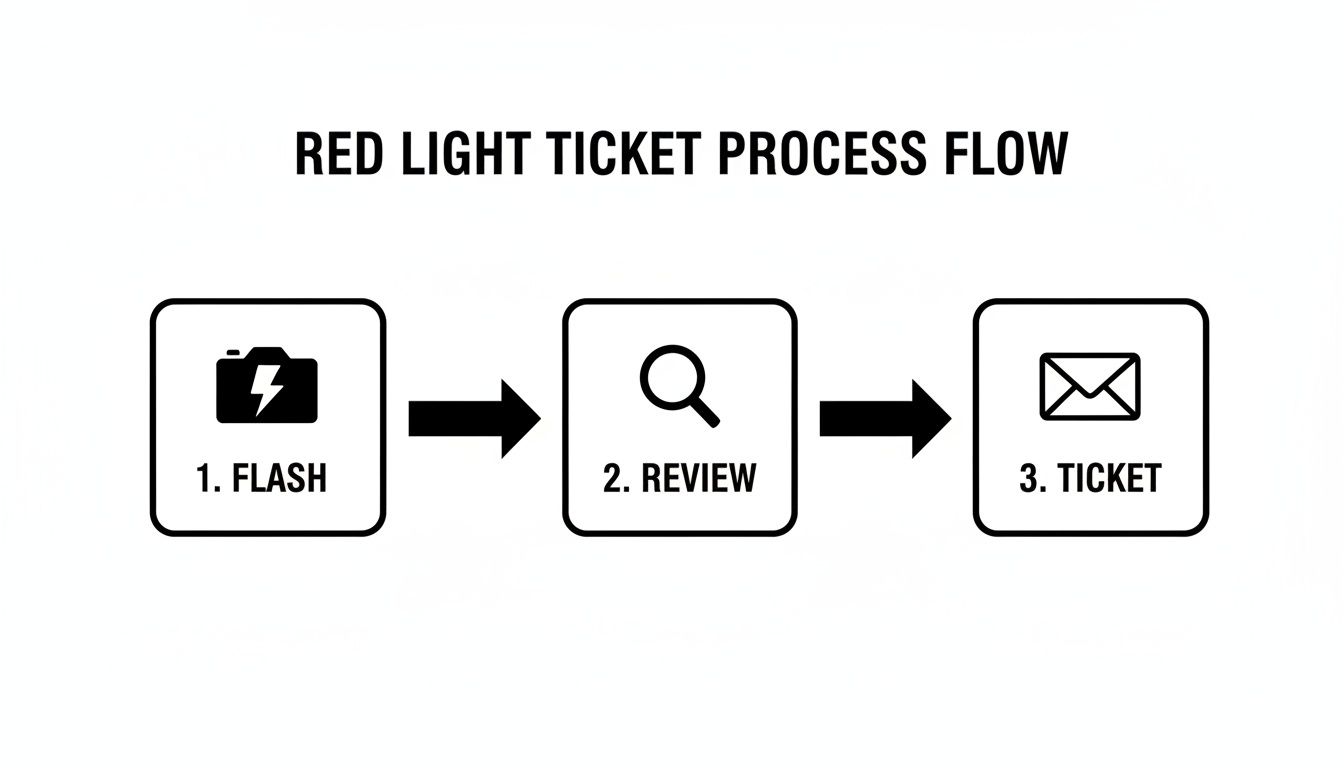 Flowchart illustrating the red light ticket process, showing flash, review, and ticket steps.