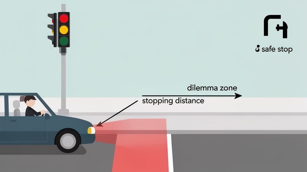 An illustration of a car approaching a red traffic light, showing stopping distance and a dilemma zone for safe stopping.