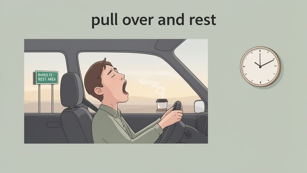 Illustration of a drowsy driver yawning, with a 'REST AREA' sign nearby, emphasizing safety.