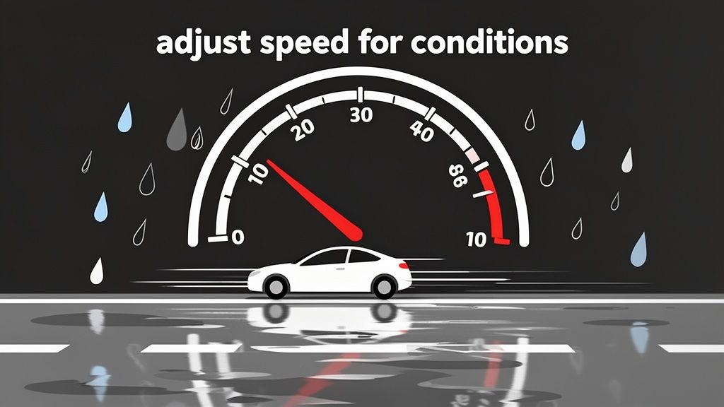 A car drives on a wet road under rain, with a speedometer indicating slow speed for safety.