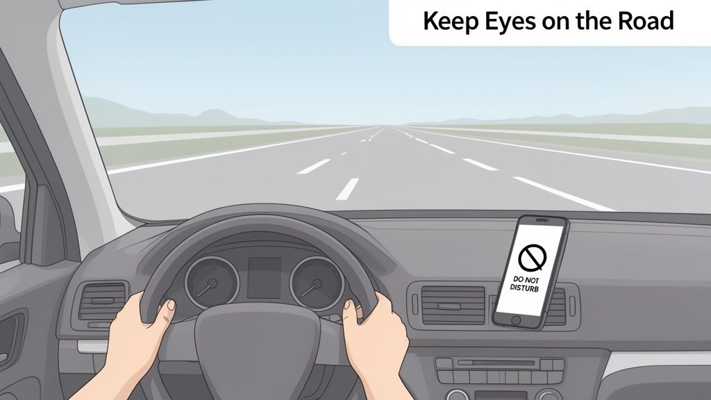 A driver's view of a highway, hands on the steering wheel, with a phone in 'Do Not Disturb' mode.